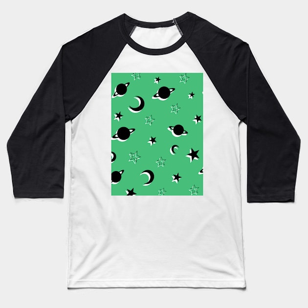 Space Planets and Stars Pattern on Green Background Baseball T-Shirt by OneThreeSix